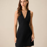 Women's Black V-Neck Sleeveless Mini Dress