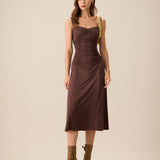 Women's Coffee Ruched Knitted Slip Midi Dress