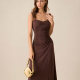 Women's Coffee Ruched Knitted Slip Midi Dress