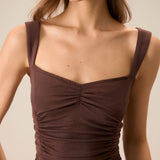 Women's Coffee Ruched Knitted Slip Midi Dress