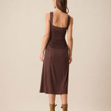 Women's Coffee Ruched Knitted Slip Midi Dress