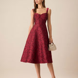 The Red Sweetheart Neck Jacquard Midi Dress
