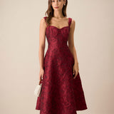 The Red Sweetheart Neck Jacquard Midi Dress