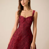 The Red Sweetheart Neck Jacquard Midi Dress