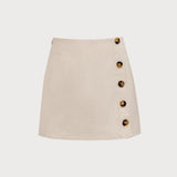 Women's Beige High-Waisted Cotton Button Mini Skirt
