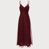 The Wine Red V Neck Mesh Wrap Maxi Dress