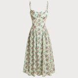 Green Floral Sweetheart Neck Pleated Slip Midi Dress