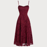 Wine Red Sweetheart Neck Jacquard Slip Midi Dress