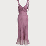 Purple Floral Ruffle Tie Strap Midi Dress