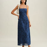 Navy Jacquard Slip Backless Maxi Dress
