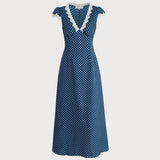 The Navy V Neck Polka Dot Lace Ruched Maxi Dress