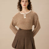 Brown Striped Pleated Mini Skirt