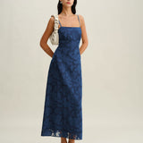Navy Jacquard Slip Backless Maxi Dress