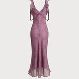 Purple Floral Ruffle Tie Strap Midi Dress