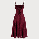 Wine Red Sweetheart Neck Jacquard Slip Midi Dress