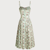Green Floral Sweetheart Neck Pleated Slip Midi Dress