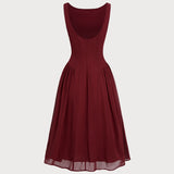 Wine Red Chiffon Sleeveless Midi Dress