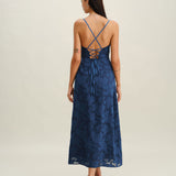 Navy Jacquard Slip Backless Maxi Dress