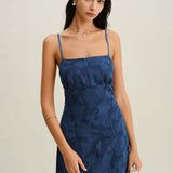 Navy Jacquard Slip Backless Maxi Dress