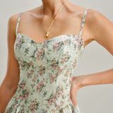 Green Floral Sweetheart Neck Pleated Slip Midi Dress