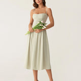 Green Square Neck Pocket Slip Midi Dress