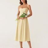 Yellow Square Neck Pocket Slip Midi Dress