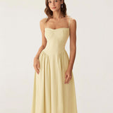 Yellow Square Neck Pocket Slip Midi Dress