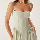 Green Square Neck Pocket Slip Midi Dress
