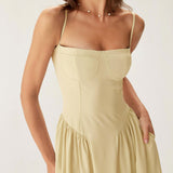 Yellow Square Neck Pocket Slip Midi Dress