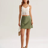 Green Satin Elastic Waist A-Line Mini Skirt