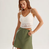 Green Satin Elastic Waist A-Line Mini Skirt