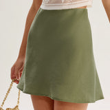 Green Satin Elastic Waist A-Line Mini Skirt