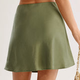 Green Satin Elastic Waist A-Line Mini Skirt