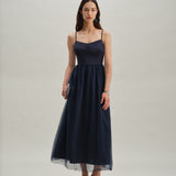 Blue Shirred Flowy Slip Maxi Dress