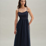 Blue Shirred Flowy Slip Maxi Dress