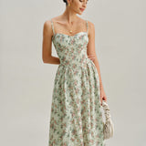 Green Floral Sweetheart Neck Pleated Slip Midi Dress
