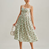 Green Floral Sweetheart Neck Pleated Slip Midi Dress