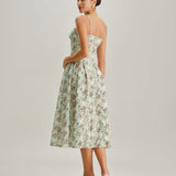Green Floral Sweetheart Neck Pleated Slip Midi Dress