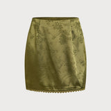 Green Floral Satin Mini Skirt
