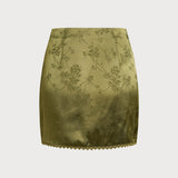 Green Floral Satin Mini Skirt