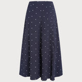 Navy Polka Dot Slit Midi Skirt