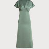 Green Satin V Neck A-Line Midi Dress