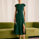 The Green Boat Neck Cutout Back Midi Dress