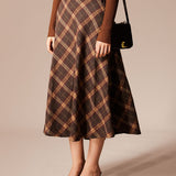 The Brown Elastic Waist Plaid A-Line Midi Skirt