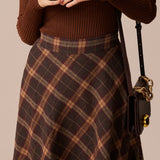 The Brown Elastic Waist Plaid A-Line Midi Skirt