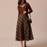 The Brown Elastic Waist Plaid A-Line Midi Skirt
