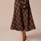 The Brown Elastic Waist Plaid A-Line Midi Skirt