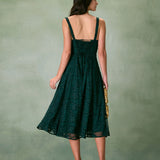 The Green Square Neck Jacquard Slit Midi Dress