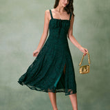 The Green Square Neck Jacquard Slit Midi Dress