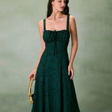 The Green Square Neck Jacquard Slit Midi Dress